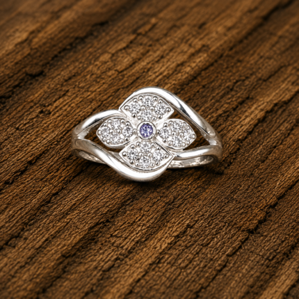 Pure Silver Floral CZ Ring for Women | Elegant Four-Petal Flower Designer Ring