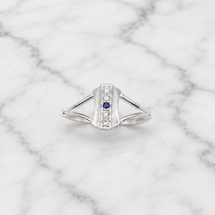 Pure Silver Geometric Designer Ring with Blue & White CZ Stones | Modern Elegant Ring