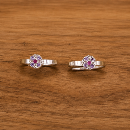 Elegant Floral Pure Silver Adjustable Toe Ring Pair with Ruby & Purple Stone Design