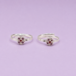 Elegant Floral Pure Silver Adjustable Toe Ring Pair with Ruby & Purple Stone Design