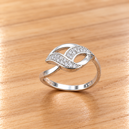 Pure Silver Leaf Designer Ring with Sparkling CZ Stones | Elegant Women's Ring