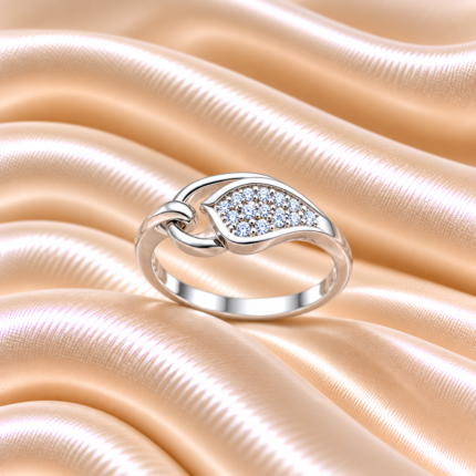 Pure Silver Leaf Designer Ring with Sparkling CZ Stones | Elegant Women's Ring
