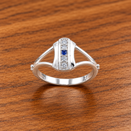 Pure Silver Geometric Designer Ring with Blue & White CZ Stones | Modern Elegant Ring