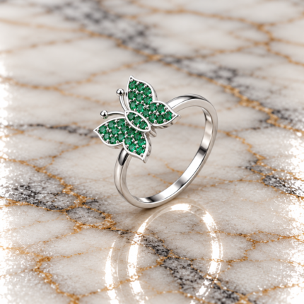 Pure Silver Green Butterfly Ring for Women