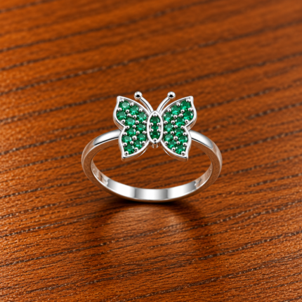 Pure Silver Green Butterfly Ring for Women