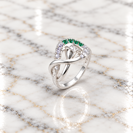 Pure Silver Infinity Heart CZ Ring for Women | Elegant Green Stone Designer Ring