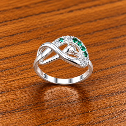 Pure Silver Infinity Heart CZ Ring for Women | Elegant Green Stone Designer Ring