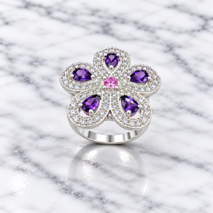 Pure Silver Floral Ring with Purple CZ Stones for Women | Elegant Flower Designer Finger Ring