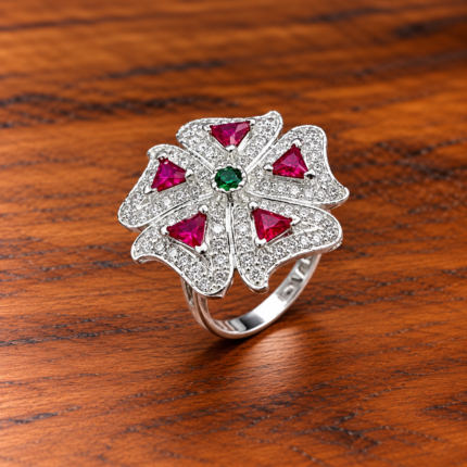 Pure Silver Floral Statement Ring with Ruby Pink & Green CZ Stones for Women