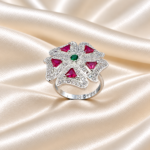 Pure Silver Floral Statement Ring with Ruby Pink & Green CZ Stones for Women