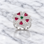 Pure Silver Floral Statement Ring with Ruby Pink & Green CZ Stones for Women
