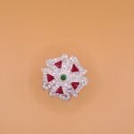 Pure Silver Floral Statement Ring with Ruby Pink & Green CZ Stones for Women