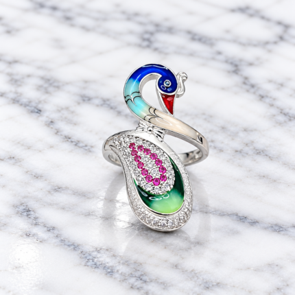 Pure Silver Peacock Adjustable Ring with Enamel & Pink CZ Stones for Women