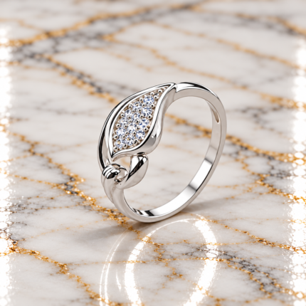 Pure Silver Leaf Designer Ring with Sparkling CZ Stones | Elegant Women's Ring