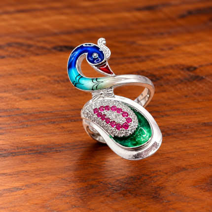 Pure Silver Peacock Adjustable Ring with Enamel & Pink CZ Stones for Women