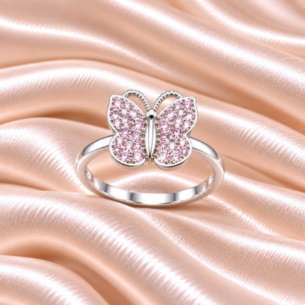 Pure Silver Butterfly Ring featuring sparkling pink and white CZ stones. Lightweight, elegant, and perfect for everyday wear, festive occasions, and thoughtful gifting.