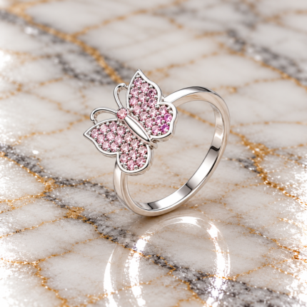 Pure Silver Butterfly Ring featuring sparkling pink and white CZ stones. Lightweight, elegant, and perfect for everyday wear, festive occasions, and thoughtful gifting.