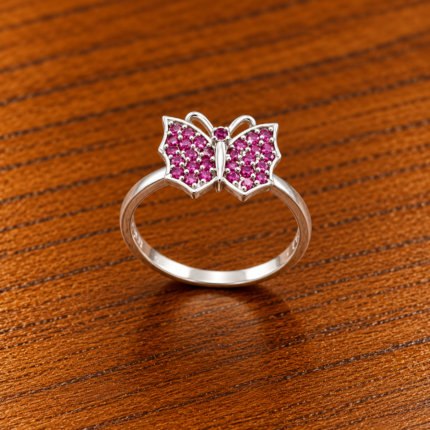 Pure Silver Butterfly CZ Ring for Women | Elegant Ruby Stone Designer Ring