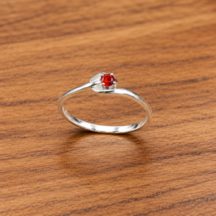 Pure Silver Solitaire Ring with Red CZ Stone for Women | Minimalist Designer Finger Ring