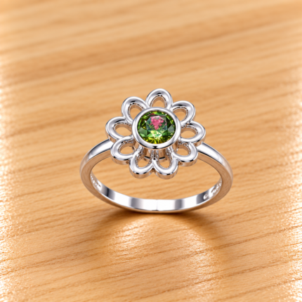 Pure Silver Floral Ring with Green CZ Stone for Women