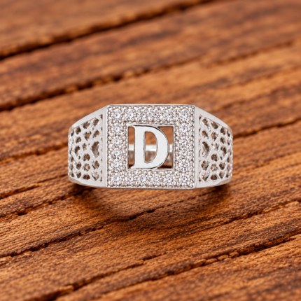 Pure Silver Letter D CZ Signet Ring for Men | Square Initial Finger Ring