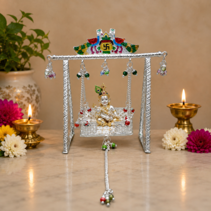 Pure Silver God Jhula with Enamel Work – Elegant Silver Jhula for Laddu Gopal