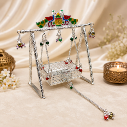 Pure Silver God Jhula with Enamel Work – Elegant Silver Jhula for Laddu Gopal