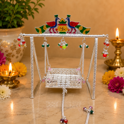 Pure Silver God Jhula with Peacock Enamel Work – Designer Silver Swing for Laddu Gopal Ji