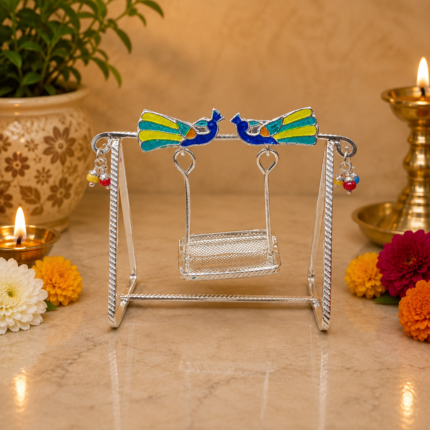Pure Silver God Jhula with Peacock Design – Elegant Silver Swing for Laddu Gopal Ji