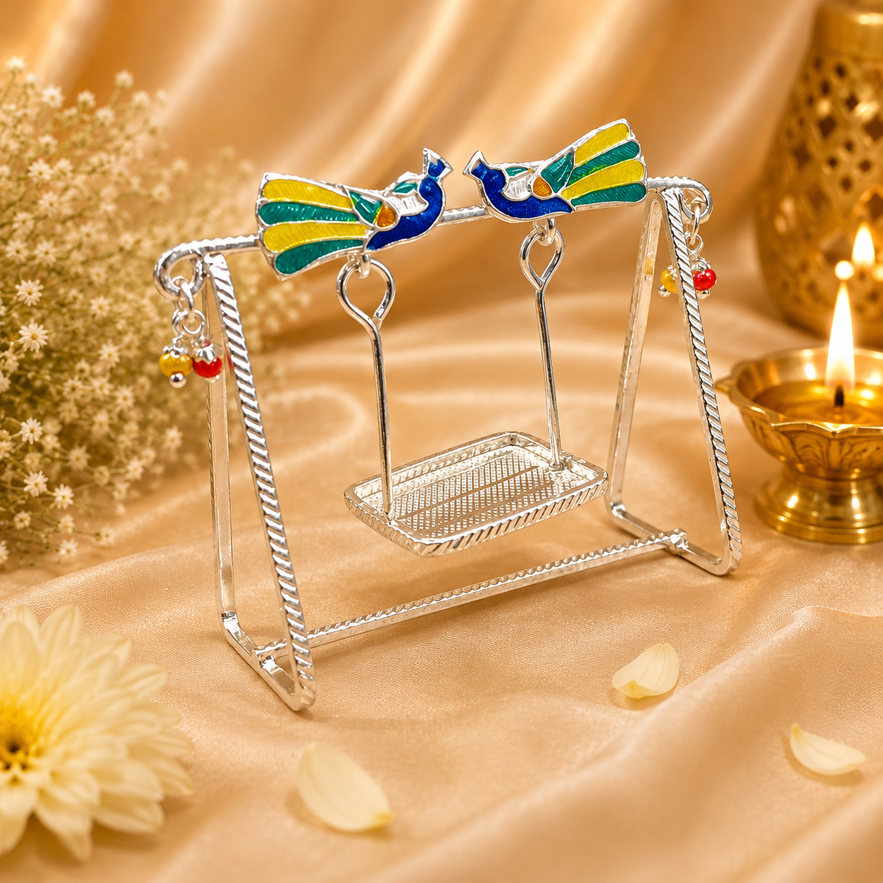 Aug 16, 2026, 02_28_08 PM Pure Silver God Jhula with Peacock Design – Elegant Silver Swing for Laddu Gopal Ji