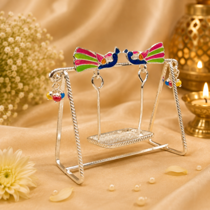Pure Silver God Jhula with Colorful Peacock Design – Elegant Silver Swing for Laddu Gopal Ji