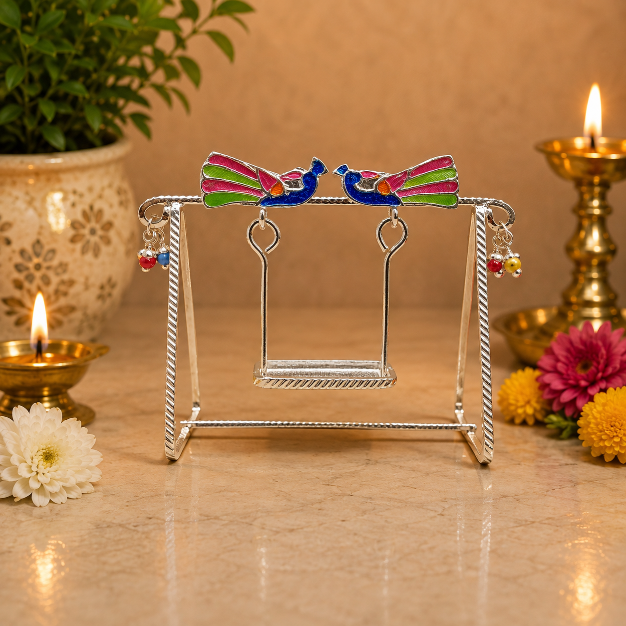 Aug 16, 2026, 02_30_02 PM Pure Silver God Jhula with Colorful Peacock Design – Elegant Silver Swing for Laddu Gopal Ji