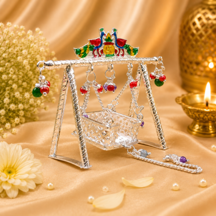 Pure Silver God Jhula with Enamel Peacock Design – Designer Silver Swing for Laddu Gopal Ji