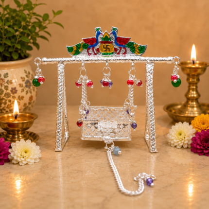 Pure Silver God Jhula with Enamel Peacock Design – Designer Silver Swing for Laddu Gopal Ji