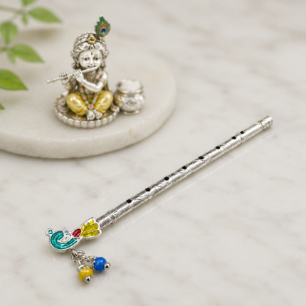 Pure Silver Krishna Flute with Colorful Enamel & Bead Work