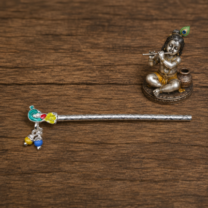 Pure Silver Krishna Flute with Colorful Enamel & Bead Work