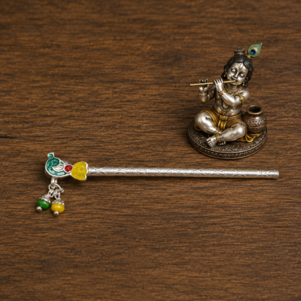 Pure Silver Krishna Flute with Enamel Peacock Design – Elegant Silver Bansuri