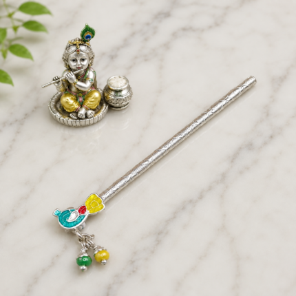 Pure Silver Krishna Flute with Enamel Peacock Design – Elegant Silver Bansuri