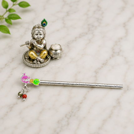Pure Silver Krishna Flute – Handcrafted Silver Bansuri with Enamel Peacock Design