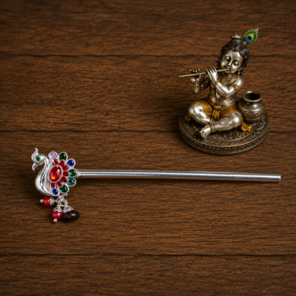 Pure Silver Krishna Flute – Exquisite Handcrafted Bansuri with Peacock & Floral Design