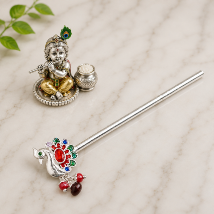 Pure Silver Krishna Flute – Exquisite Handcrafted Bansuri with Peacock & Floral Design
