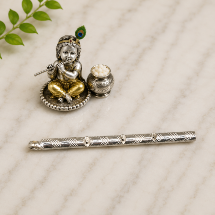 Pure Silver Krishna Flute – Elegant Handcrafted Silver Bansuri with Intricate Design