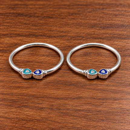 Pure Silver Kids Leg Kada Pair | Blue & Turquoise Designer Silver Kada