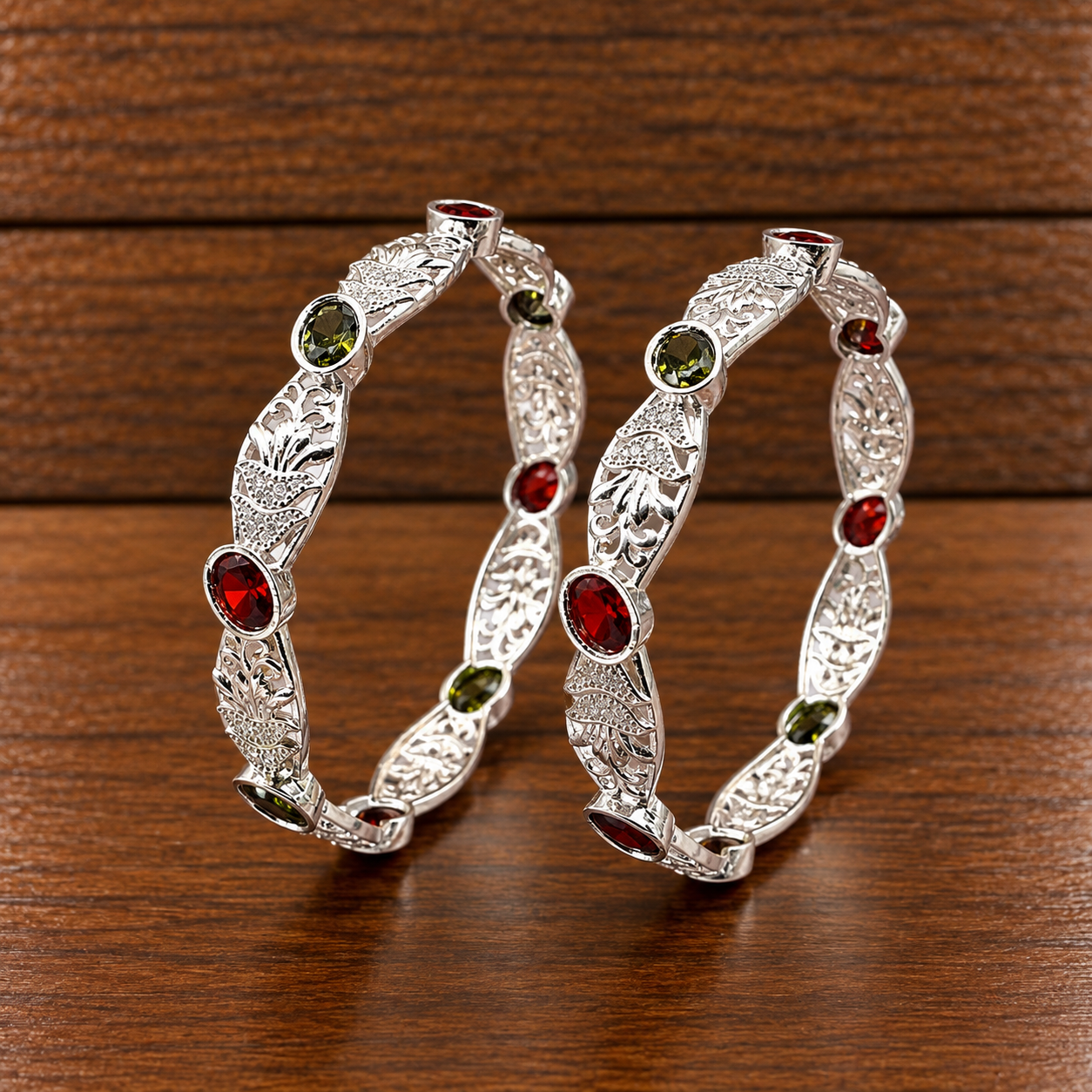 Ornate Silver Bangles on Wood(7) Designer Silver Bangle for Women – Stylish & Elegant