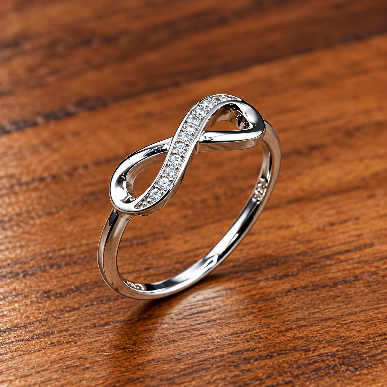 Infinity Diamond Ring on Warm Wood (1) 925 Sterling Silver Infinity Ring – Symbol of Eternal Love
