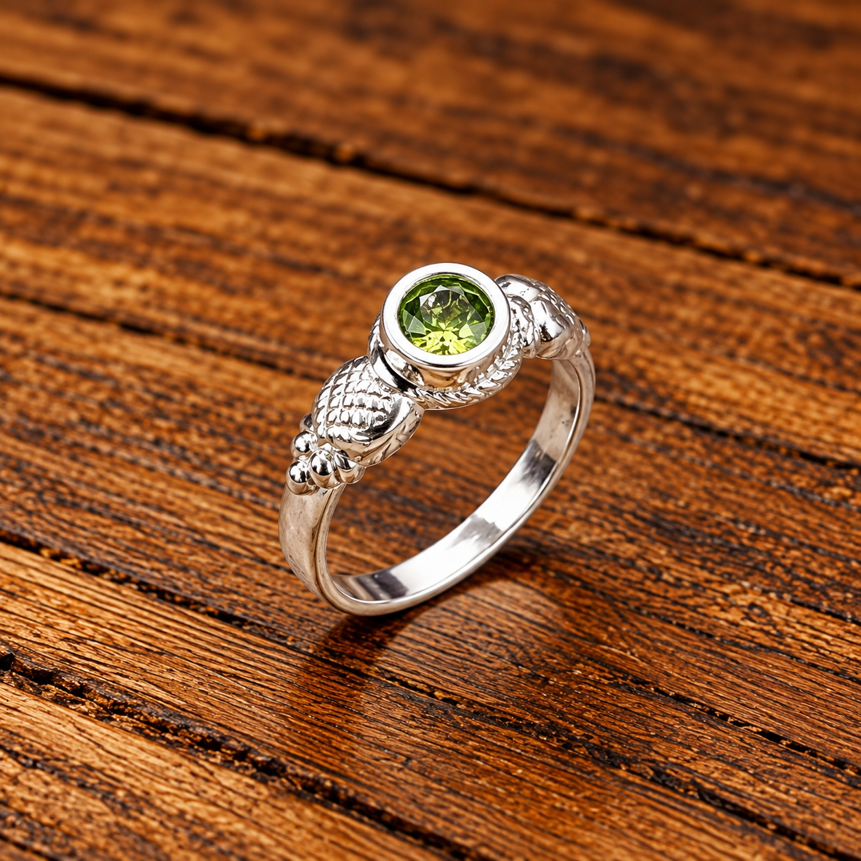 Peridot Ring on Rustic Wood(1) Cute Pure Silver Kids Solitaire Ring
