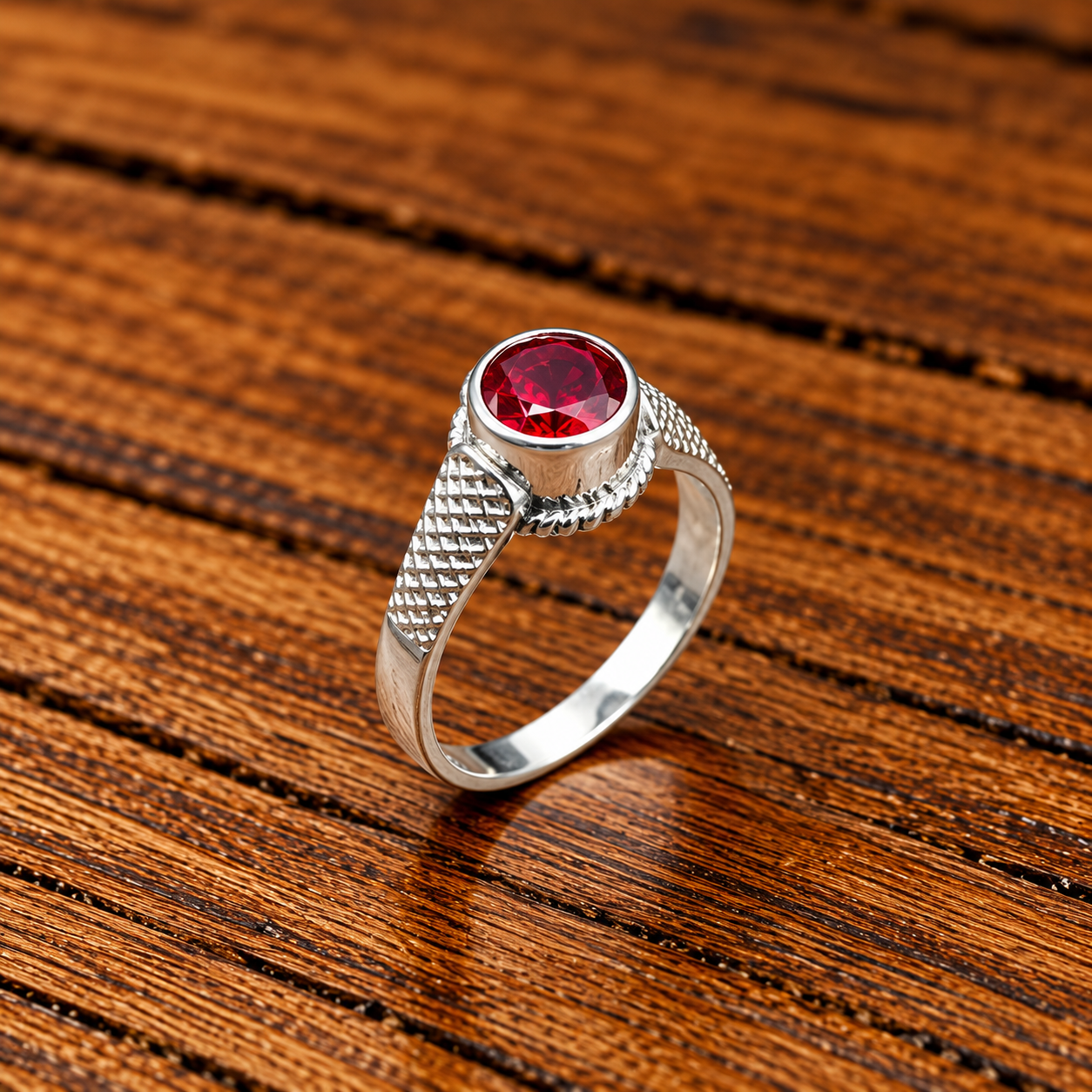 Ruby Silver Ring on Warm Wood Cute Pure Silver Kids Ring